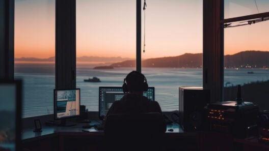 A person wearing a headset sits at a desk with multiple monitors, facing a sunset over the ocean through large window panes.