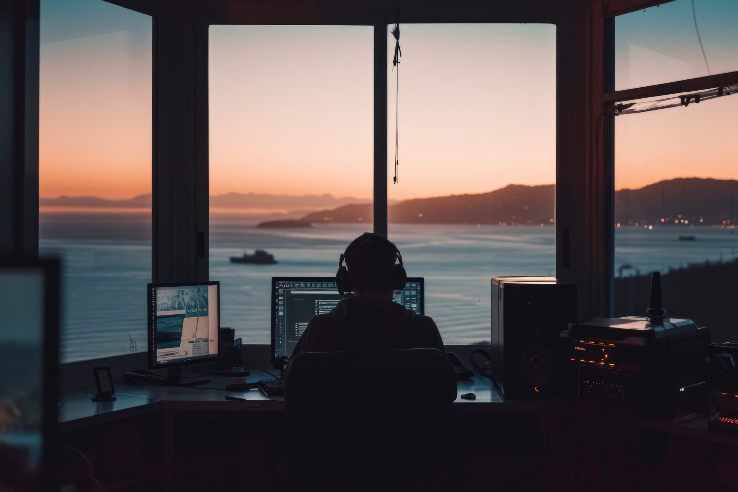 A person wearing a headset sits at a desk with multiple monitors, facing a sunset over the ocean through large window panes.