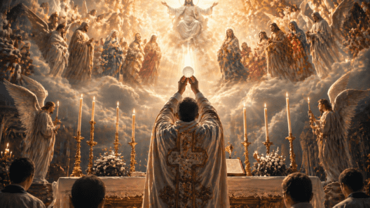 Priest in ornate vestments elevates the Eucharist over a gilded altar, surrounded by angels in a heavenly scene.