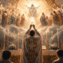 Priest in ornate vestments elevates the Eucharist over a gilded altar, surrounded by angels in a heavenly scene.