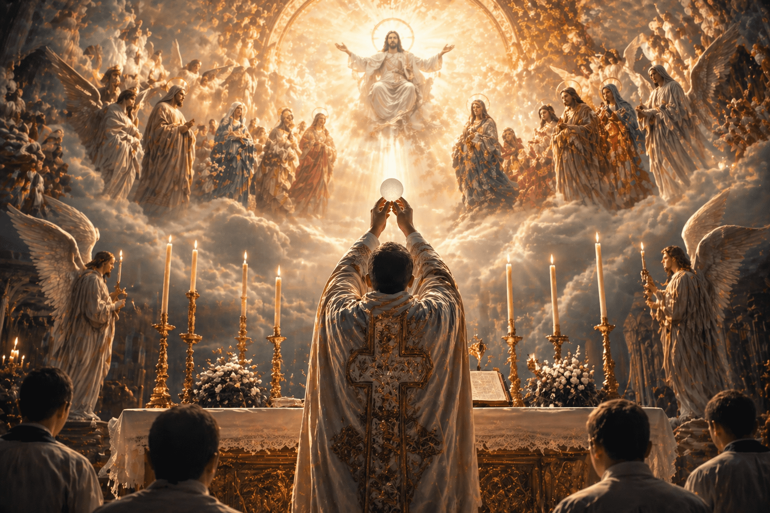 Priest in ornate vestments elevates the Eucharist over a gilded altar, surrounded by angels in a heavenly scene.