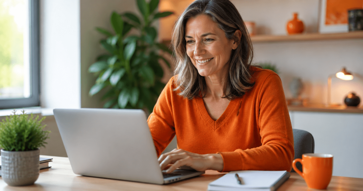 Smiling woman in an orange sweater typing on a laptop at a wooden desk in a bright home office
