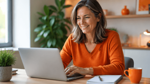 Smiling woman in an orange sweater typing on a laptop at a wooden desk in a bright home office