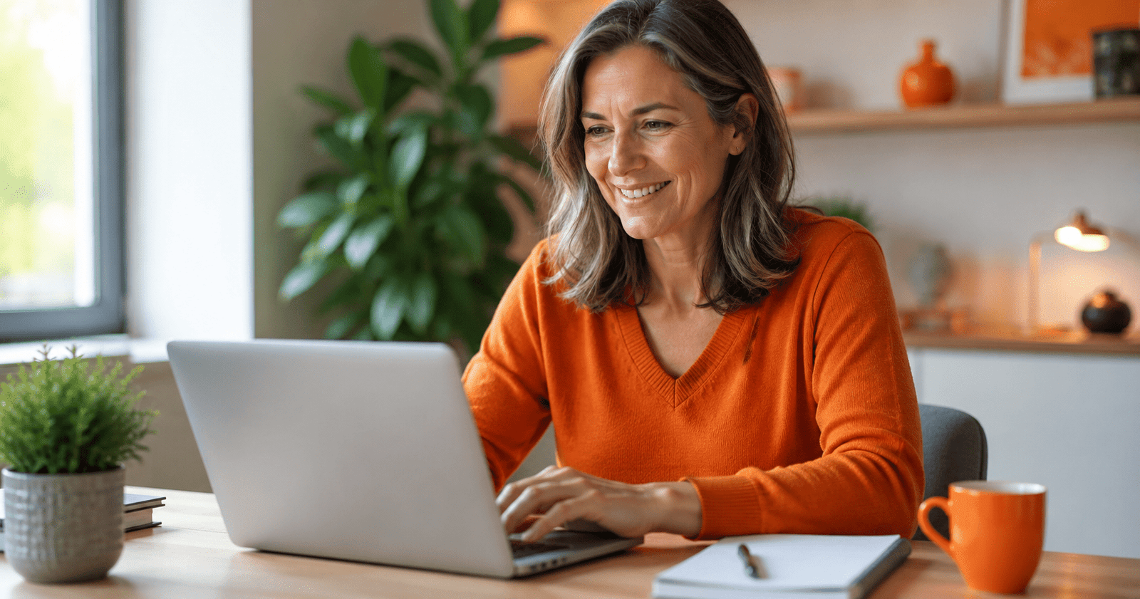 Smiling woman in an orange sweater typing on a laptop at a wooden desk in a bright home office